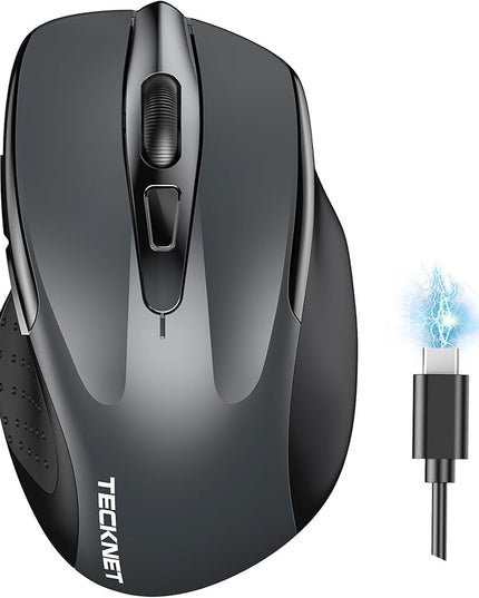 TECKNET Wireless Mouse (BT5.0/3.0 & 2.4G) Rechargeable 4800 DPI Silent USB A & Bluetooth Mouse 6 Buttons, Wide Compatibility - Grey
