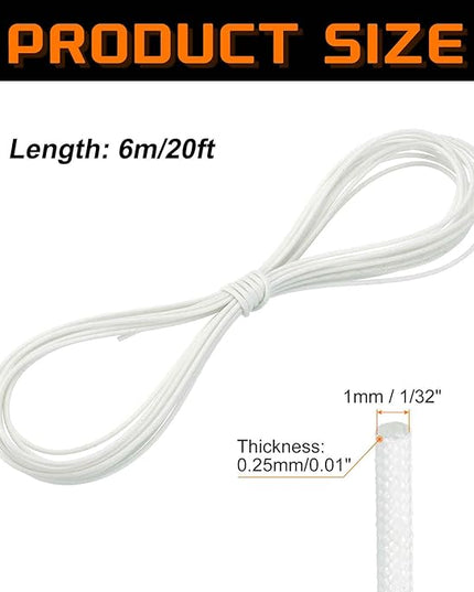 MECCANIXITY 20ft Braided Cable Sleeve, 1/32" ID 200C High Temperature 1500V Fiberglass Wire Insulation Cord Protector Organizer Wires Management for Motor Engine Fuel Line, White