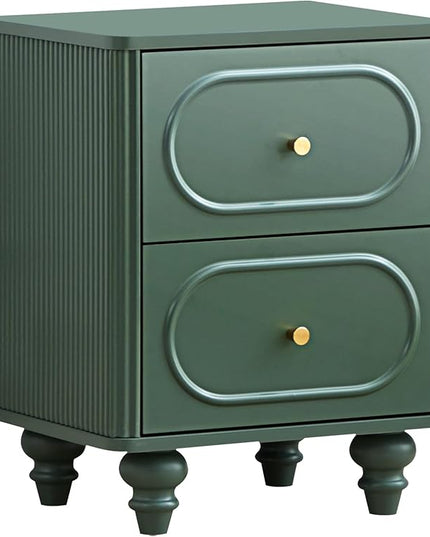 2 Drawer Fluted Mini Small Dresser for Bedroom Set of 2, Mid Century Modern Nightstand Bedside End Table, Wood Storage Dresser Organizer for Bedroom, Green