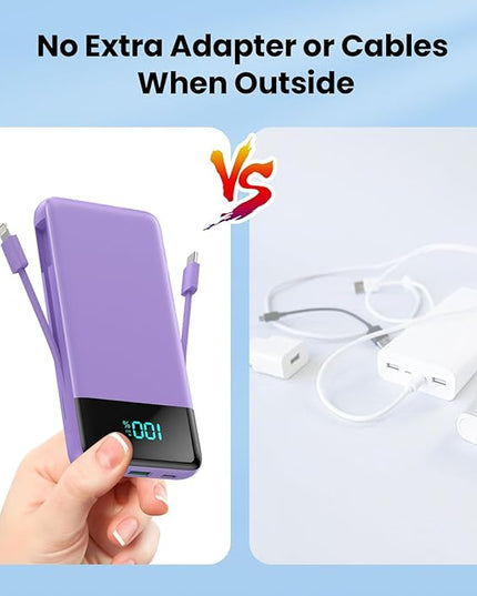 Portable Charger for iPhone with Built in Cables and Wall Plug,Upgraded 13800mAh Fast Charging USB C Power Bank,4 Outputs Travel Essential Battery Pack Compatible with iPhone 15/14/13,Samsung-Purple