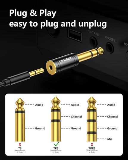 ANDTOBO 1/4''(6.35mm) Male to 1/8'' (3.5mm) Female Stereo Audio Jack Pure Copper Adapter for Headphone, Amp, 1 Pack-Black