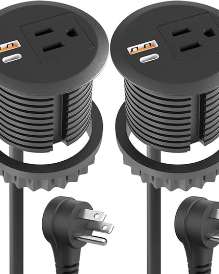 2pcs Desktop Power Grommet,2-inch Hole,10ft Cord,20W USB C Fast Charging Station,Round Recessed Outlet,2-USB Port,Flush Mount,Flat Plug,Black