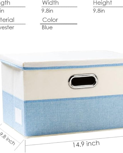 PRANDOM Collapsible Storage Bin with Lid [3-Pack] Fabric Foldable Storage Box Organizer Container Basket Cube with Cover for Home Bedroom Closet Office Nursery Blue&Cream(14.9x9.8x9.8)