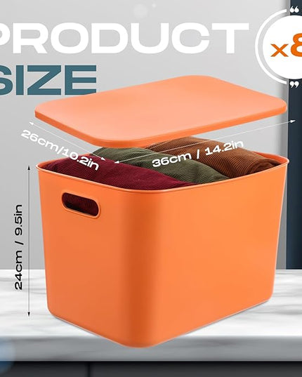 Hoolerry 8 Pieces Colorful Storage Bins with Lid, Plastic Storage Basket Organizing Container Stackable Box with Handle for Shelves Desktop Playroom Office(14.2 x 10.2 x 9.5 Inch,Blue and Orange)
