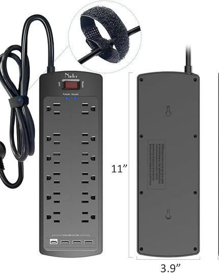 Power Strip, Nuetsa Surge Protector with 12 Outlets and 4 USB Ports, 6 Feet Flat Plug Extension Cord (1875W/15A) for for Home, Office, Dorm Essentials, 2700 Joules, ETL Listed (Black)