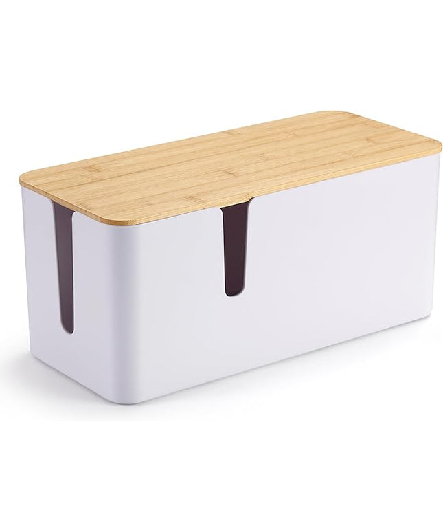 ZhiYo Bamboo Lid Cord Organizer Box, Safe ABS Cable Management Box for TV and Computer, Wood Cover Cord Hider to Hide Wires, Router, USB Hub & Under Desk Power Strip, 1 Pack L13.1 xW5.6 xH5.6 White
