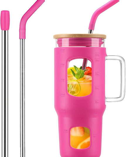 Glass Tumbler with Straw & Lid, 32 oz Glass Cup with Handle, Water Bottle with Time Marker - Pearl Straw & Silicone Protective Sleeve - Rose Red