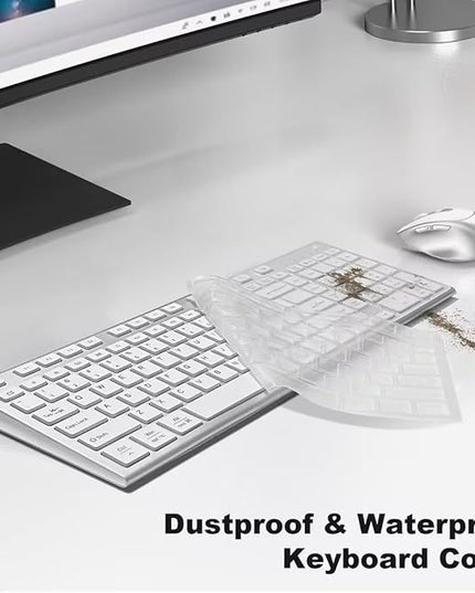 FENIFOX Wireless Keyboard and Mouse, Rechargeable USB C Combo Silent Quiet Compact Full Size Flat with Number Pad Soft Cover for Mac MacBook iMac Windows PC Laptop Computer Office - White & Silver