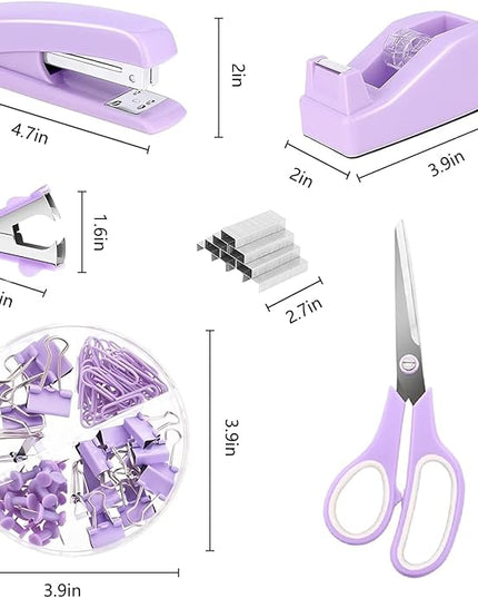 Office Supplies,Desk Accessories,with Stapler,Tape Dispenser,Staple Remover,Scissor,Ballpoint Pen,Sticky Notes,Clear Tape,Staples,Desk Organizer,Phone Stand,Binder,Index Tabs,Best Gift Set(Purple)