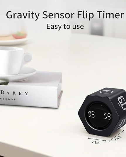 Productivity Timer Flip Gravity Sensor Pomodoro Cube Timer Countdown & Countup,1/5/10/30/60min Preset & Custom Timing, Mute/Vibrate/Sound for ADHD,Work,Study,Kitchen(1, Black Hexagon)
