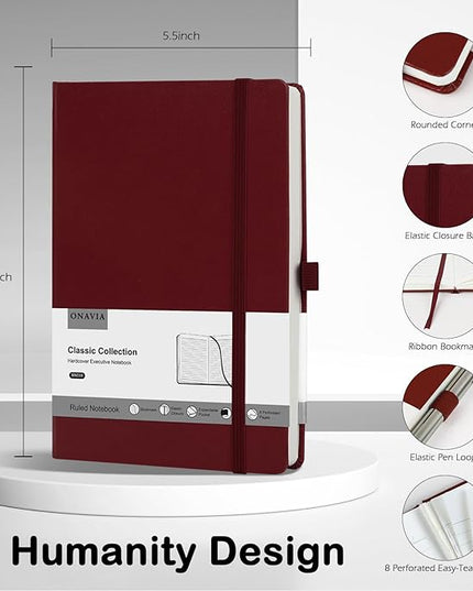A5 Lined Journal Notebooks for Work - 100 GSM Thick Paper, Classic Ruled Journaling Notebook, Hardcover Notepad for Writing 160 Pages, 5.5 x 8.3 inch, Burgundy