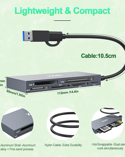 USB 3.0 Multi 8 in 1 USB C/USB A XQD Card Reader for Sony G M Series/Lexar 2933x/1400x Mark XQD/CF/XD/MS/SD/TF,10Gbps Type C Memory Card Adapter for Windows/Mac OS/Linux/Android