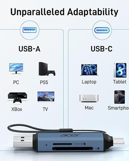 Acer SD Card Reader USB C, Dual Slots USB 3.0 Type C to Micro SD Card Adapter, Memory Card Reader for MicroSD, SDHC, SDXC, Compatible with Laptop, PC, iPhone16/15, MacBook, iPad Pro, Android-Midnight