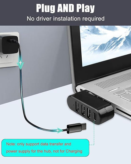 VIENON 4-Port USB C Hub [90°/180° Degree Rotatable], USB C Adapter Splitter with PD-in 5W Port, USB Extender for MacBook, iMac, Surface, and More C Port Laptop(Not for Car)