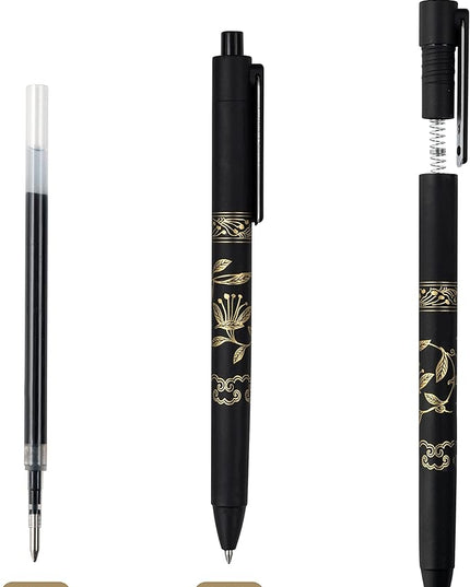 MiSiBao 0.7mm Black Ink Gel Pens Refillable & Retractable Gel Ink Rolling Ball Pens Gilding Process Pattern Smooth Writing Gel Pen (9-pack)