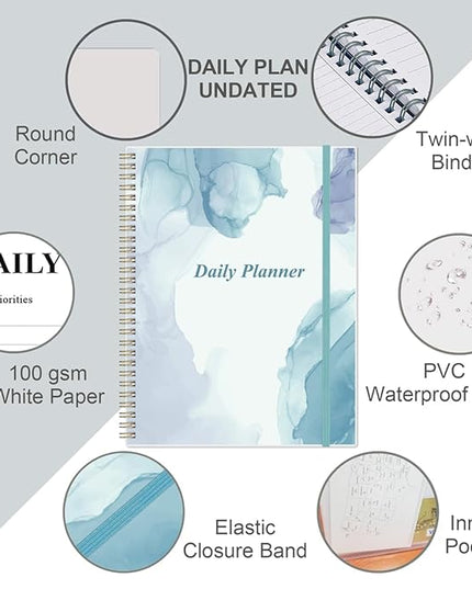 Daily Planner Undated - 8.5" x 11" To Do List Notebook Hourly Schedules, 150 Sheets/300 Pages Spiral Appointment Planner for Women and Men ,PVC Hardcover, Inner Pocket, Elastic Closure, Blue