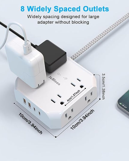 Surge Protector Flat Plug Power Strip, 10Ft Extension Cord with Multiple Outlets, 8 Outlet Splitter with 4 USB(2 USB C) Ports, Desk Charging Station for Home, Office, College, Dorm Room Essentials