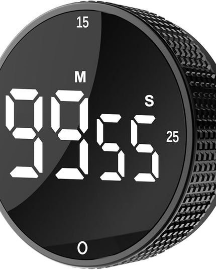 Upgrade Digital Kitchen Timer - Magnetic Countdown Countup Visual Pomodoro Timer with Large LED Display, 3-Preset Times (5, 15, 25), 3 Volume Levels, Ideal for Cooking, Baking and Fitness (1, Black)