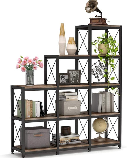 Tribesigns 12 Shelves Bookshelf, Industrial Ladder Corner Bookshelf 9 Cubes Stepped Etagere Bookcase, Rustic 5-Tier Display Shelf Storage Organizer for Home Office (Rustic Brown)