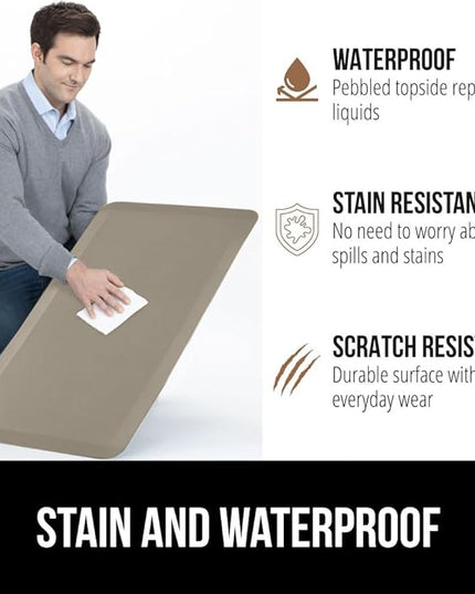 GORILLA GRIP Comfortable Cushioned Kitchen Mats for Floor, 48x20, Waterproof and Stain Resistant Soft Top, 3/4 Inch Thick Ergonomic Standing Desk Anti Fatigue Mat, Foam Supports Ankles and Feet, Taupe