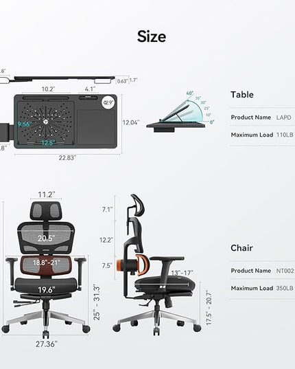 Newtral Ergonomic Office Chair with Fully Adaptive Lumbar Support, 136°Tilt Function, Computer Desk Chair with Soft 4D Armrest, Adjustable Headrest (Supreme with Laptop Tray, Black)