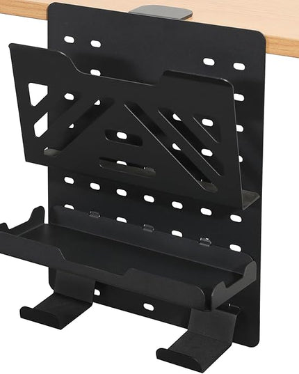 MAXECHO Desk Side Storage Holder, Metal Pegboard, Above or Under Desk Laptop Mount, Table Side Hanging File Organizer, Clamp On Cable Management Tray, Peg Board for Gaming, Office