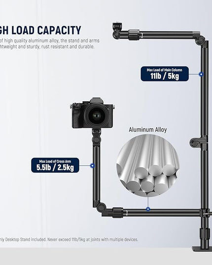 NEEWER Overhead Camera Desk Mount Rig Stand with 2 Boom Arms for Photography Devices: Video Light Ring Light Phone Mount Webcam Mic Compact DSLR for Home Office Studio Live Streaming Broadcast, ST008