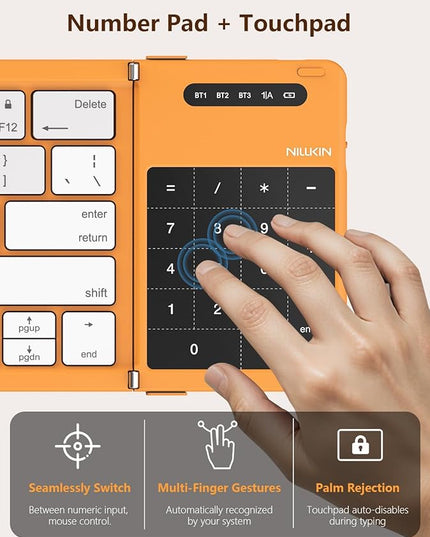 Nillkin Foldable Bluetooth Keyboard with Touchpad & Number Pad, Portable Bluetooth Keyboard with Full Size Keys, Pocket-Sized Wireless Travel Keyboards for iPad, Smartphone, Tablet and Laptop Orange