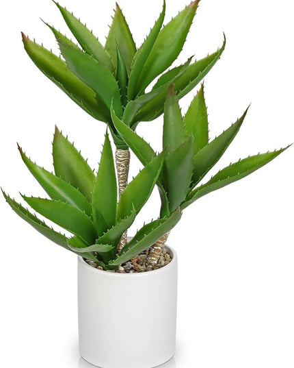 Hollyone Large Artificial Agave Plants Fake Three-Head Agave Succulents Plant Potted 17" Faux Plant in White Pot Succulent Aloe Vera Plants Indoor for Desk Modern Home Decor