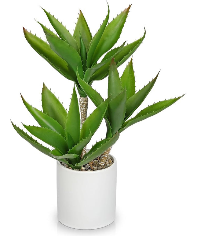 Hollyone Large Artificial Agave Plants Fake Three-Head Agave Succulents Plant Potted 17" Faux Plant in White Pot Succulent Aloe Vera Plants Indoor for Desk Modern Home Decor
