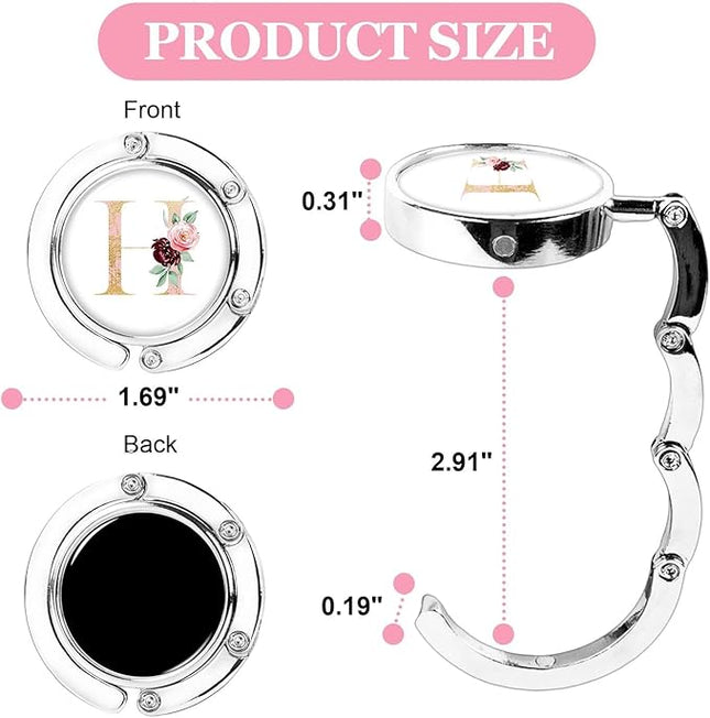 XSUIOY 3Pcs Personalized Initial Foldable Purse Hook for Table,Crushed Flower Letters Folding Purse Hanger,Purse Holder Handbag Hanger Collection Desk Table Bag Hooks Gifts for Women Bag(Pink-H)