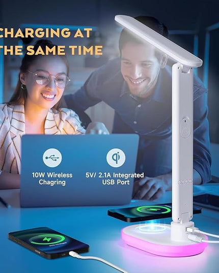 IHAO Luxury Multifunctional LED Desk Lamp10W Qi Wireless Charger Digital Alarm Clock Ambient Light & Temperature Display Adjustable Eye-Care Table Lamp with Leather Texture Design Table Lamp-U20 White