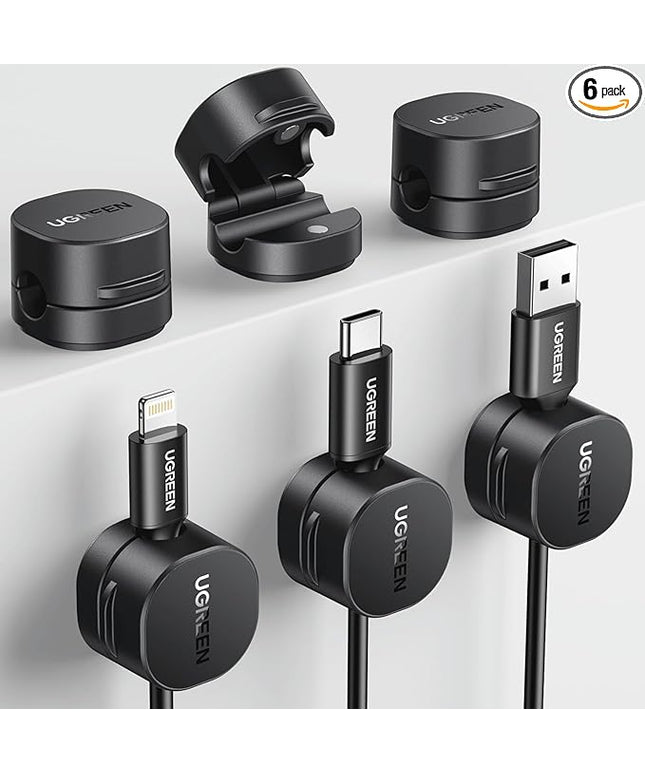UGREEN Cable Organizer Clips, Adhesive Cable Management - 6-Pack Strong Magnetic Cord Holder for Desk to Keep Phone Charging Cables, Computer Cords, and Various Cord Organized for Nightstand, Black