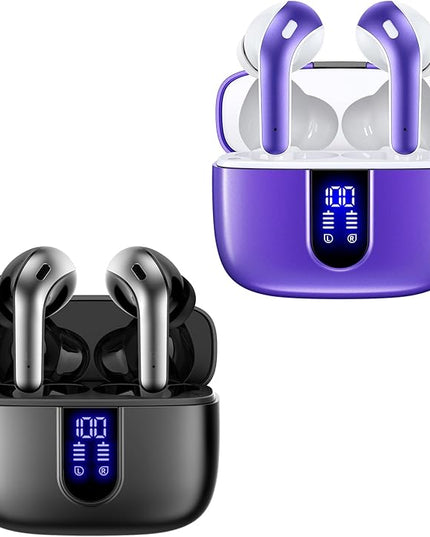 TAGRY 2 Sets X08 Black and Phantom Purple Bluetooth Headphones True Wireless Earbuds 60H Playback Ear Buds with Wireless Charging Case in-Ear Earbuds with Mic