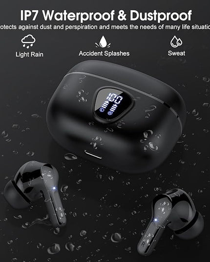 Wireless Earbuds, Bluetooth 5.4 Headphones HiFi Stereo, Bluetooth Earbuds with ENC Noise Cancelling Mic, IP7 Waterproof in Ear Earphones, 48H, LED Display Ear buds for Pad Workout Sports, Black