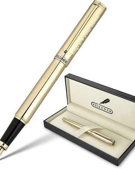 BEILUNER Gold Personalized Fountain Pen,Stunning Luxury Surface,24K Gilded Nib(Fine),Gorgeous 24K Gold Finish, Ink Converter,Fancy Gift for Men&Women-Elegant, Graduation,Office Pens for Writing