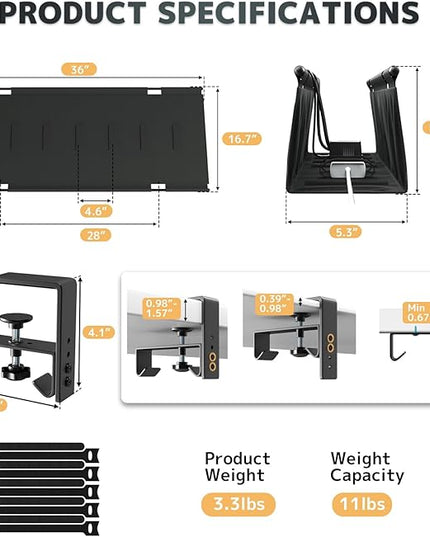 No Drill Under Desk Cable Management Tray - 36" Clamp/Screw Desk Cord Management, Premium Fabric Cable Racyway for Office & Home
