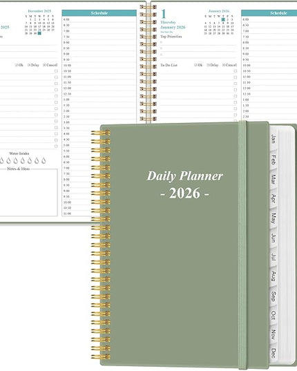 Daily Planner 2026 Full Page Per Day- 2026 Daily & Monthly Planner from January 2026 to December 2026, Day Planner 2026 with 12 Months Tabs, 8.5" x 11", Green