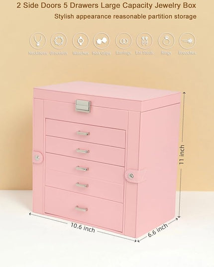 BOOVO Jewelry Box For women, 6 Layer Large Jewelry Organizer With Mirror, Multi-Function Storage Box With Lock, Necklace Holder With 5 Drawers, For Earrings Necklace Bracelet (Silver and Pink)