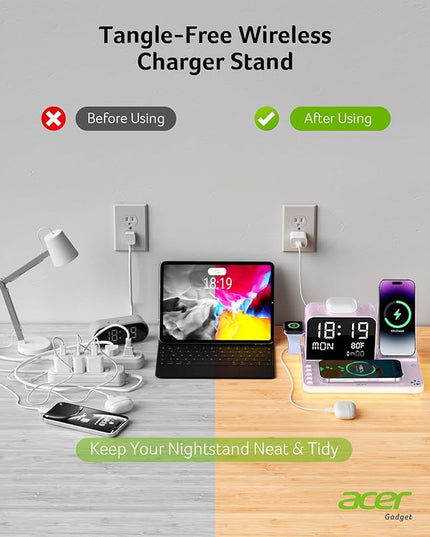 Acer 7-in-1 Wireless Charging Station with LED Clock - 30W Fast Wireless Charger for iPhone 16/15/14/13/12/Pro Max, Apple Watch, AirPods - Bluetooth Auto Time Sync & Night Lights (Purple)