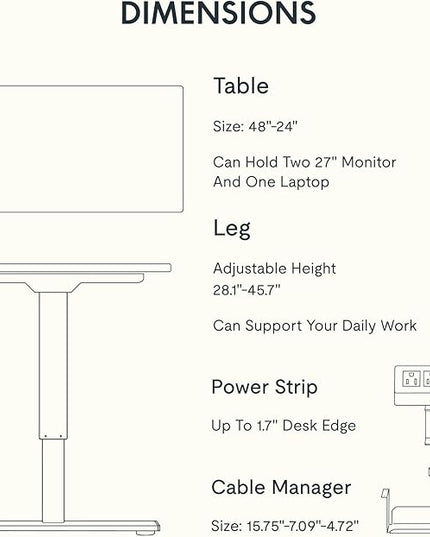 FLEXISPOT EN2 Whole-Piece Standing Desk with Clamp Power Strip, 48 x 24 Electric Stand Up Height Adjustable Desk with Cable Management (White Frame + 48" Gray Wood Grain Desktop, 2 Packages)