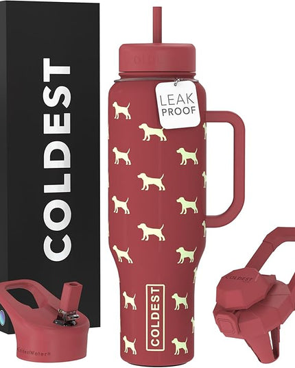 Coldest Tumbler with Handle and Straw - 100% Leak Proof Insulated Tumbler with Lid and Straw (3 Lids) - Stainless Steel Tumblers for Women & Men - Cup Holder Friendly Base, 46 oz (Baby Puppy)