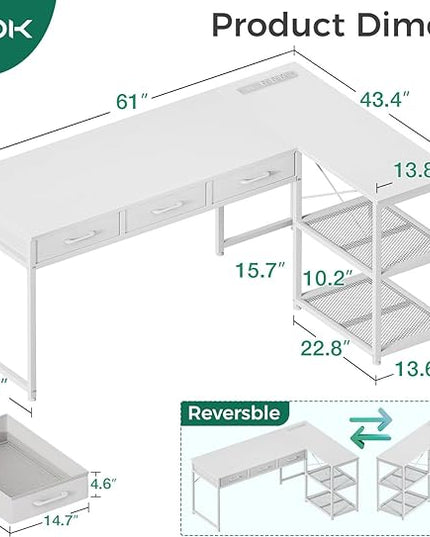 AODK 61 Inch L Shaped Computer Desk with Drawers, Corner Desk with Power Outlets & Reversible Storage Shelves, for Home Office Gaming, White