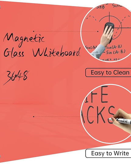 Magnetic Glass Dry Erase Board - White Board 48 x 36 Inch Wall Mounted Glass Whiteboard, Large Frameless Glass White Board for Wall Office, Home & School, Red