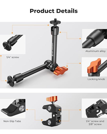 K&F CONCEPT 9.8" Magic Arm Clamp Kit with 1/4" & 3/8" Thread Screw 360° Ball Heads Articulating Magic Arm with Tripod Mount Adapter for Gopro/LED Lights/Monitor/Flash/Microphone/DSLR Camera