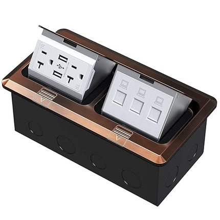 KYHSHJ Dual Pop-Up Floor Electrical Outlet Box Kit，20 Amp Stainless Steel USB TR Receptacle Outlet，3-Port RJ45 Datacom Receptacle， ETL Listed, Bronze