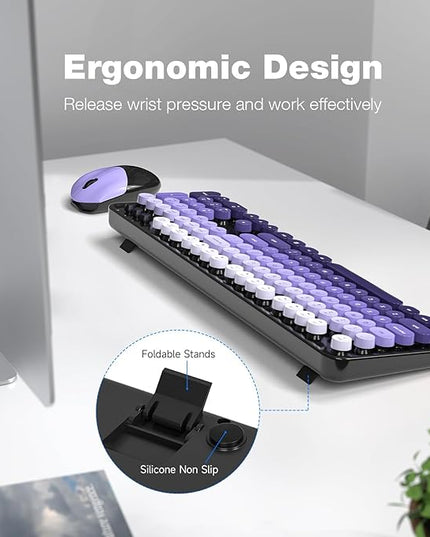 MOFII Wireless Keyboard and Mouse Combo, Full Size 2.4G Plug and Play Typewriter Retro Round Computer Keyboard and Mouse Set for Windows, Computer, Desktop, PC, Notebook - (Black Purple Gradient)