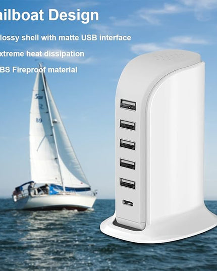 Charging Station for Multiple Devices 40W Upoy, Wall Charger Block 5 USB Ports(Shared 6A), USB Charging Hub Smart IC, Charger Tower with Type-C 3A for iPhone iPad Tablets Smartphones, Home Office Use