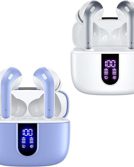 TAGRY 2 Sets X08 White and Purple Bluetooth Headphones True Wireless Earbuds 60H Playback Ear Buds with Wireless Charging Case in-Ear Earbuds with Mic