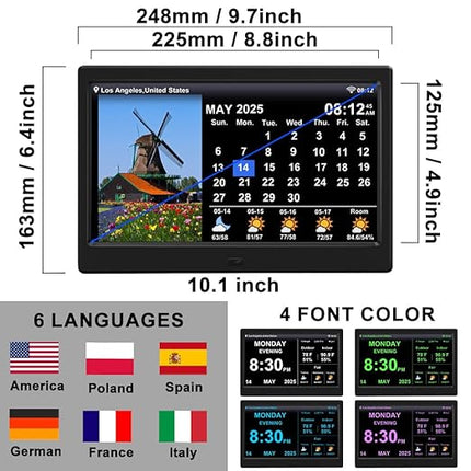 2025 Digital Clock with Auto Time Sync, Weather Forecast, Perpetual Calendar, Photo Frame, Temperature/Humidity Sensor & Custom Alarms - Large Display (Black, 10.1 inch)